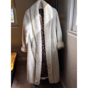 Dennis Basso Full Length Winter White Faux Fur Coat - Leopard Lining Sz M